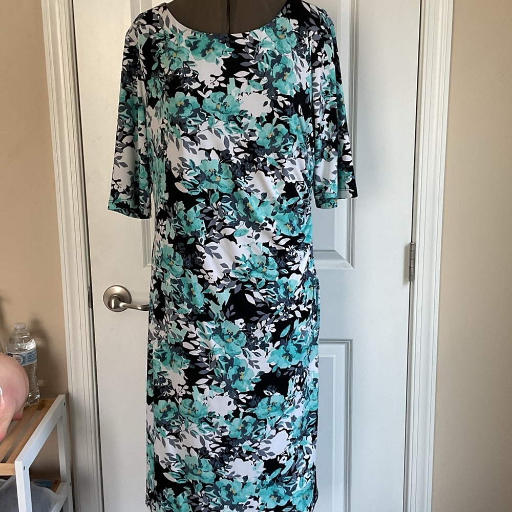 Connected Apparel Teal and Black Floral Long Sleeve Dress